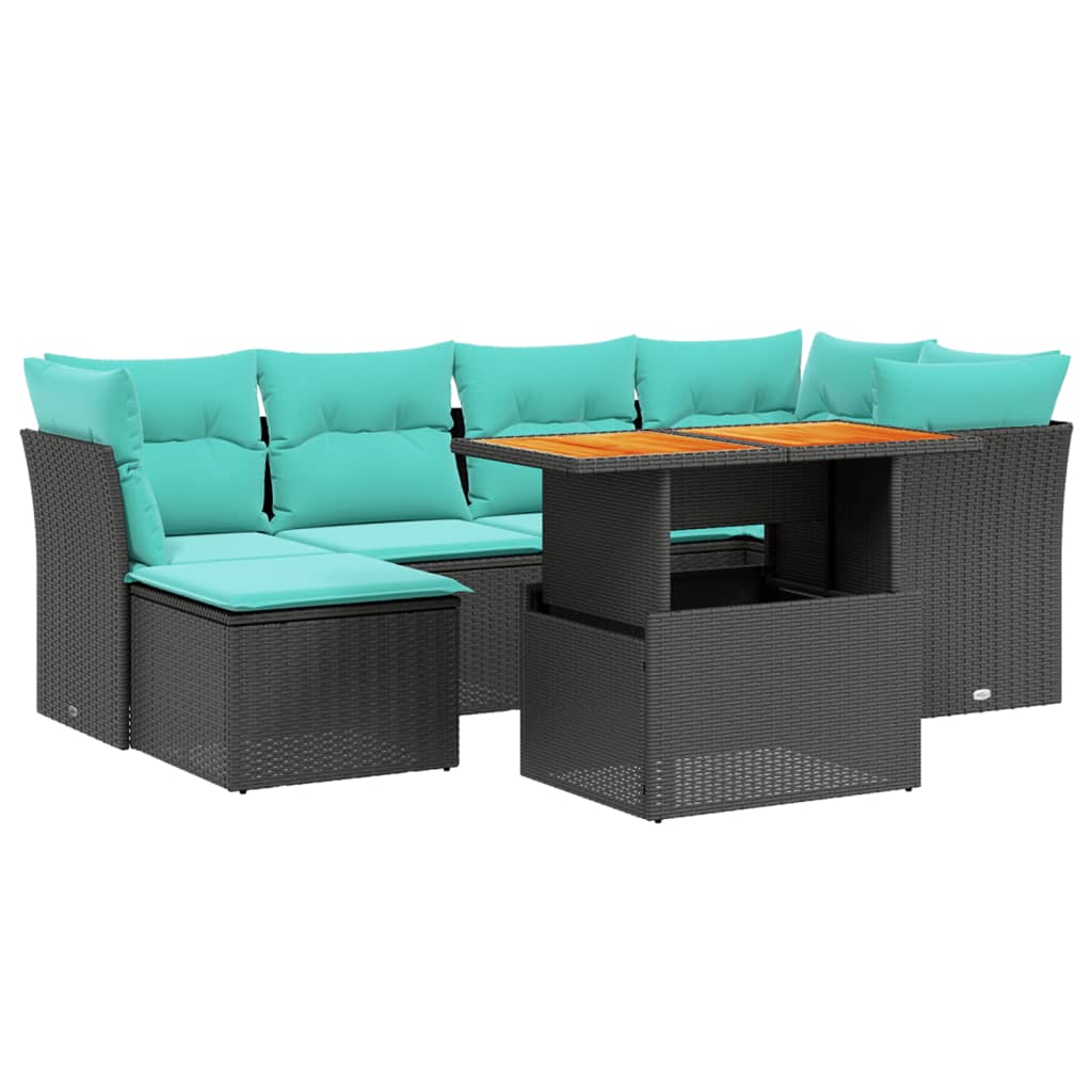 7-tlg. Garten-Sofagarnitur mit Kissen Schwarz Poly Rattan