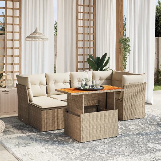 7-tlg. Garten-Sofagarnitur mit Kissen Schwarz Poly Rattan