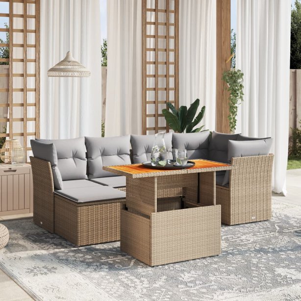 7-tlg. Garten-Sofagarnitur mit Kissen Schwarz Poly Rattan