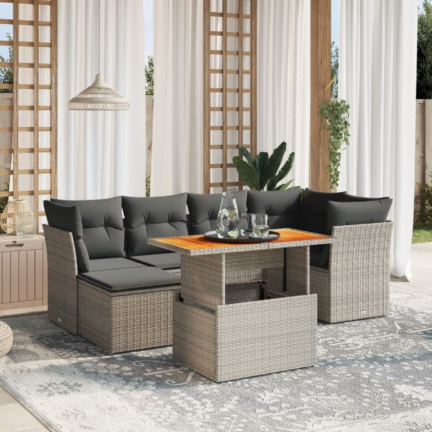 7-tlg. Garten-Sofagarnitur mit Kissen Schwarz Poly Rattan