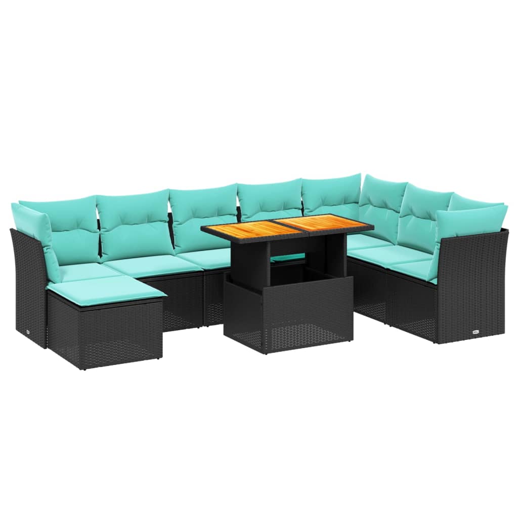 9-tlg. Garten-Sofagarnitur mit Kissen Schwarz Poly Rattan