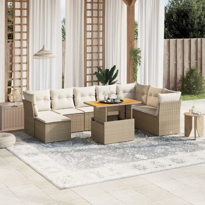 9-tlg. Garten-Sofagarnitur mit Kissen Schwarz Poly Rattan
