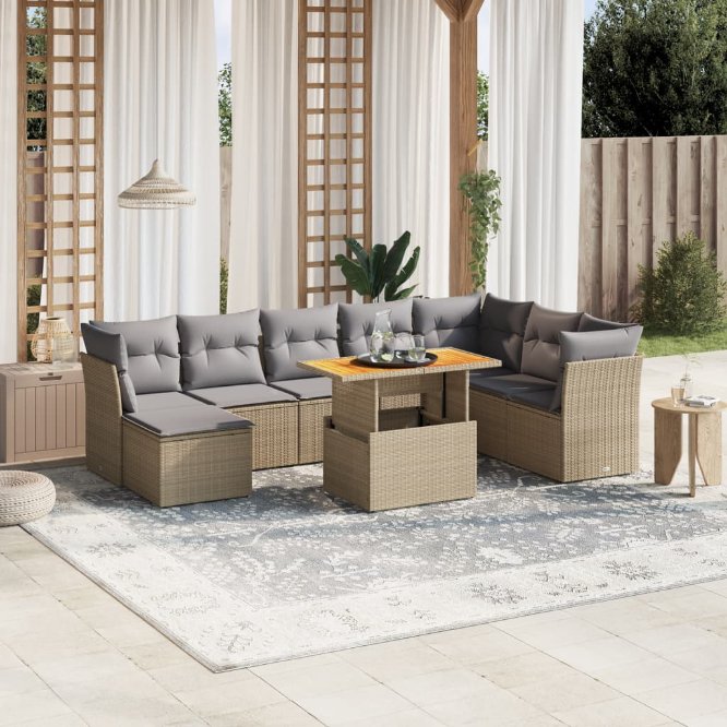 9-tlg. Garten-Sofagarnitur mit Kissen Schwarz Poly Rattan