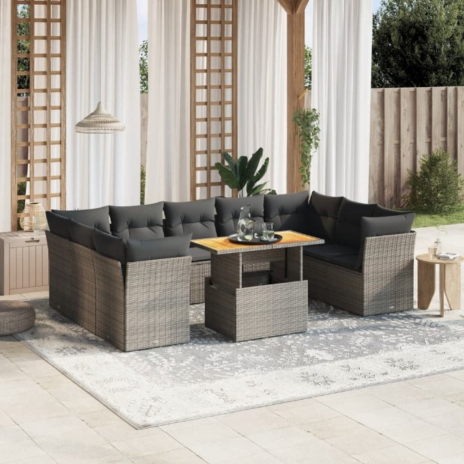 vidaXL 10-tlg. Garten-Sofagarnitur mit Kissen Schwarz Poly Rattan
