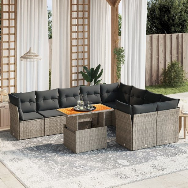 vidaXL 10-tlg. Garten-Sofagarnitur mit Kissen Schwarz Poly Rattan