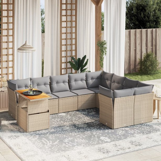 vidaXL 10-tlg. Garten-Sofagarnitur mit Kissen Schwarz Poly Rattan