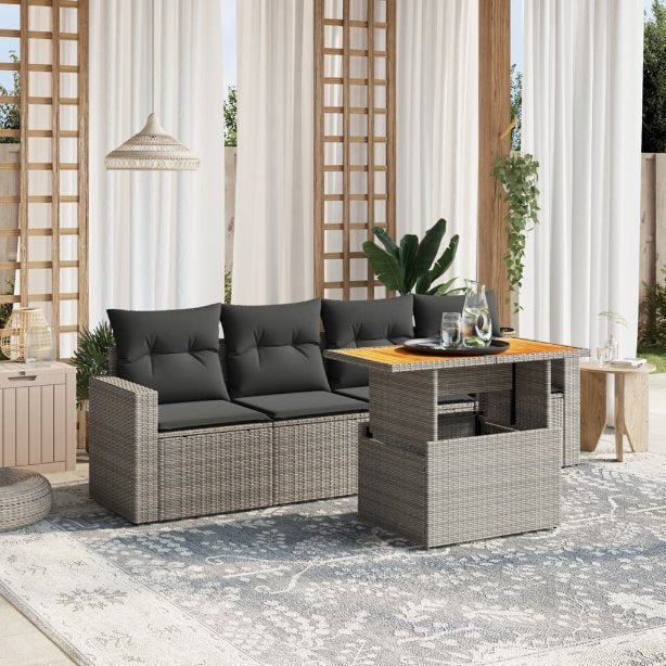 5-tlg. Garten-Sofagarnitur mit Kissen Schwarz Poly Rattan