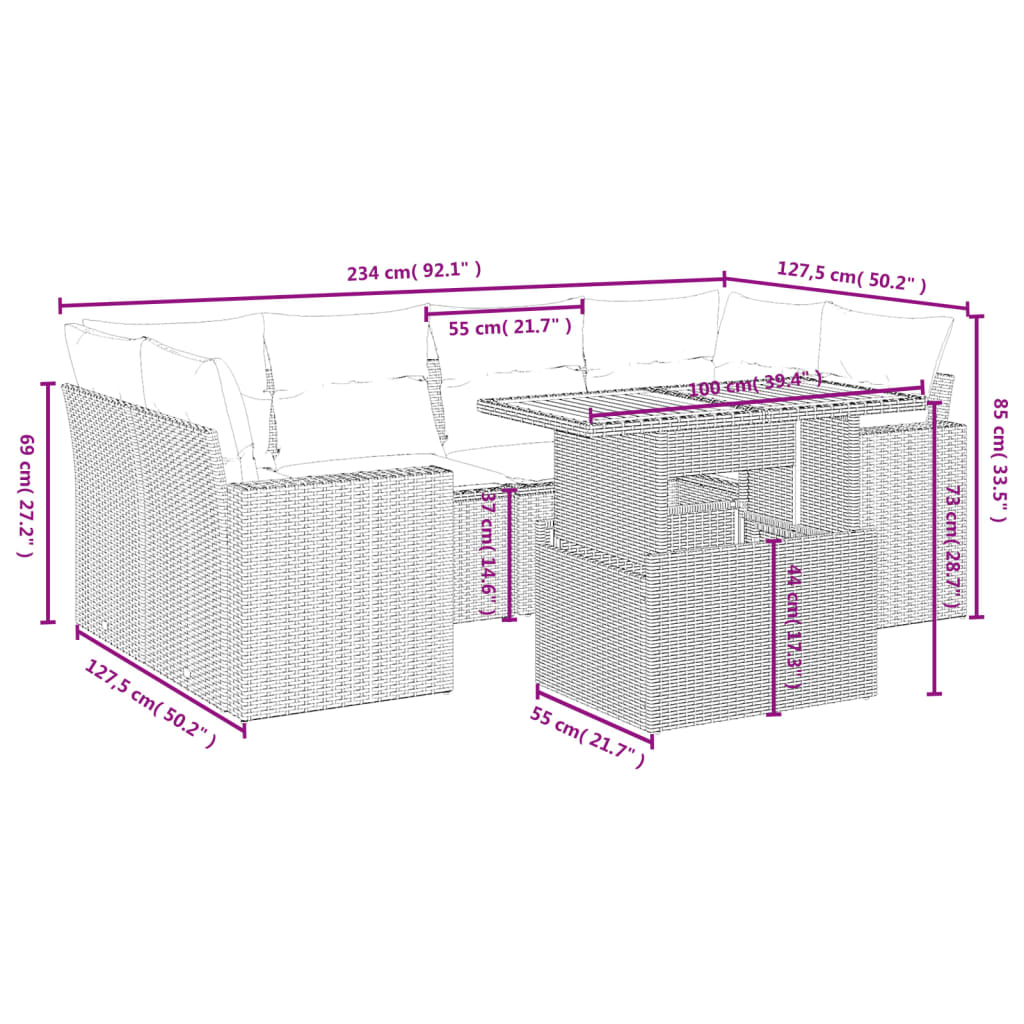 7-tlg. Garten-Sofagarnitur mit Kissen Schwarz Poly Rattan