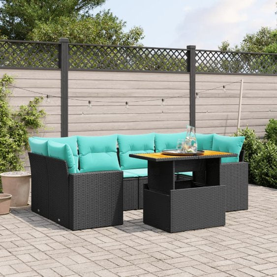 7-tlg. Garten-Sofagarnitur mit Kissen Schwarz Poly Rattan