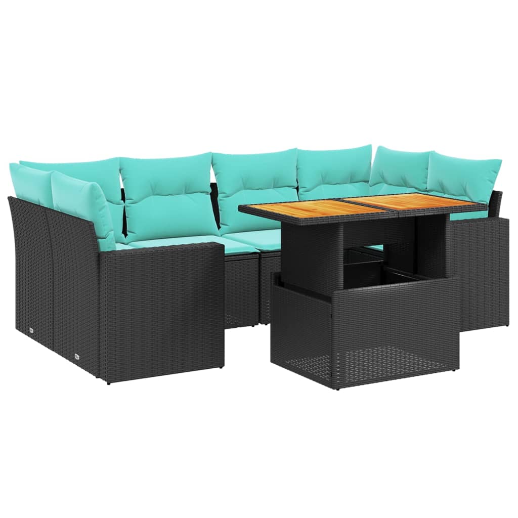 7-tlg. Garten-Sofagarnitur mit Kissen Schwarz Poly Rattan