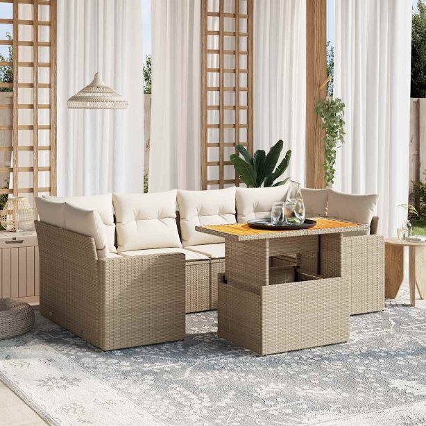 7-tlg. Garten-Sofagarnitur mit Kissen Schwarz Poly Rattan
