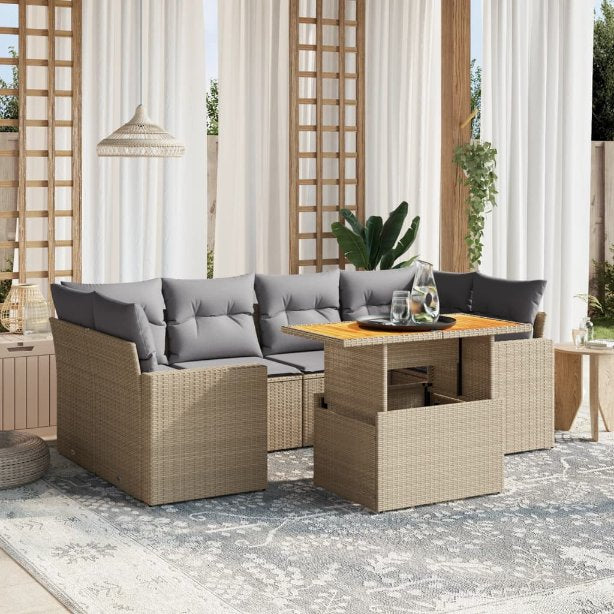 7-tlg. Garten-Sofagarnitur mit Kissen Schwarz Poly Rattan