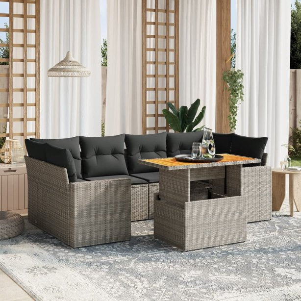 7-tlg. Garten-Sofagarnitur mit Kissen Schwarz Poly Rattan