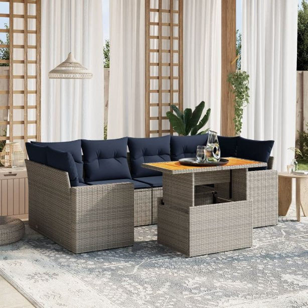 7-tlg. Garten-Sofagarnitur mit Kissen Schwarz Poly Rattan