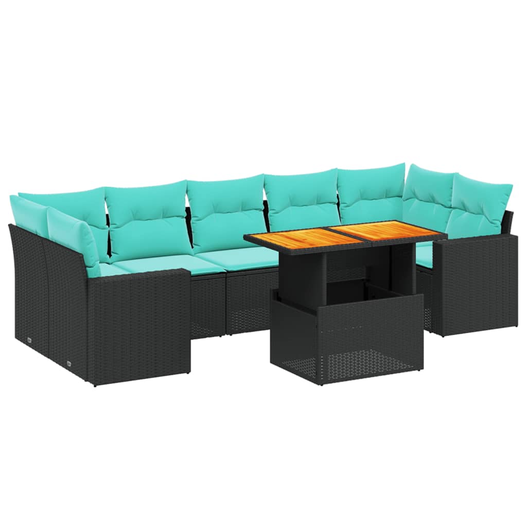 8-tlg. Garten-Sofagarnitur mit Kissen Schwarz Poly Rattan