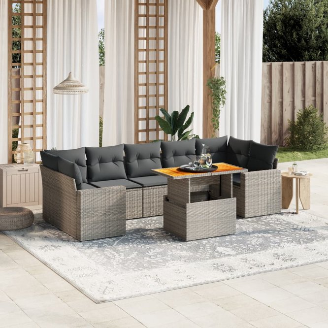 8-tlg. Garten-Sofagarnitur mit Kissen Schwarz Poly Rattan
