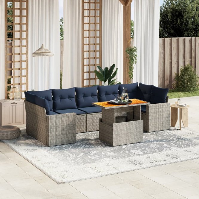 8-tlg. Garten-Sofagarnitur mit Kissen Schwarz Poly Rattan