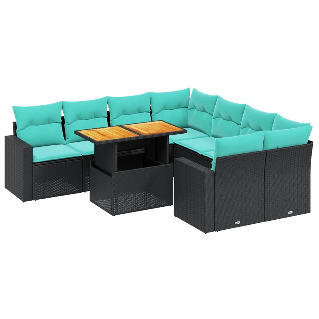 9-tlg. Garten-Sofagarnitur mit Kissen Schwarz Poly Rattan