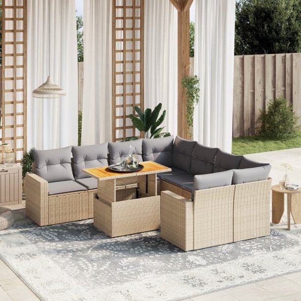 9-tlg. Garten-Sofagarnitur mit Kissen Schwarz Poly Rattan