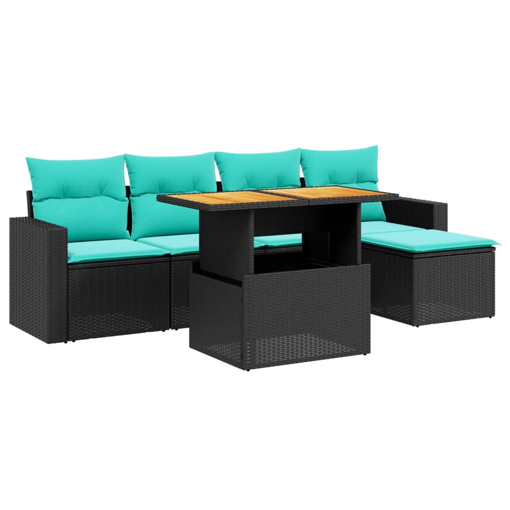 6-tlg. Garten-Sofagarnitur mit Kissen Schwarz Poly Rattan