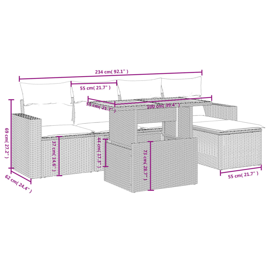 6-tlg. Garten-Sofagarnitur mit Kissen Schwarz Poly Rattan