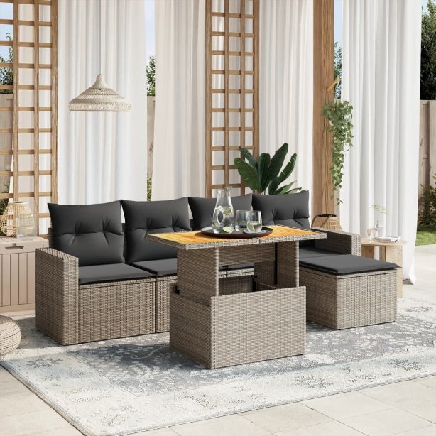 6-tlg. Garten-Sofagarnitur mit Kissen Schwarz Poly Rattan