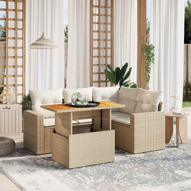 5-tlg. Garten-Sofagarnitur mit Kissen Schwarz Poly Rattan