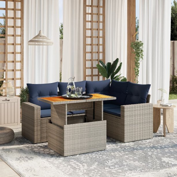 5-tlg. Garten-Sofagarnitur mit Kissen Schwarz Poly Rattan
