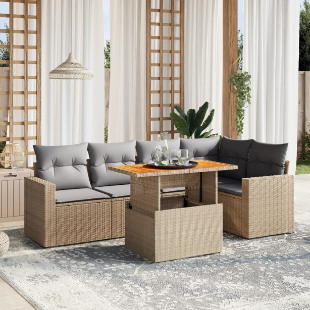 6-tlg. Garten-Sofagarnitur mit Kissen Schwarz Poly Rattan