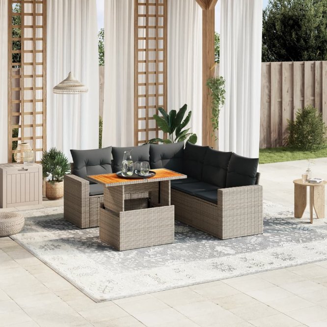 6-tlg. Garten-Sofagarnitur mit Kissen Schwarz Poly Rattan