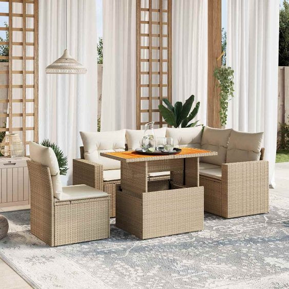 6-tlg. Garten-Sofagarnitur mit Kissen Schwarz Poly Rattan