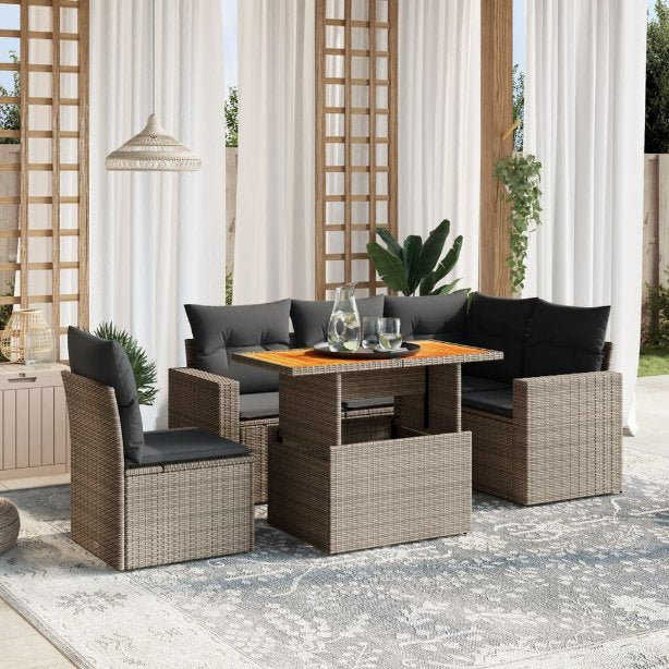 6-tlg. Garten-Sofagarnitur mit Kissen Schwarz Poly Rattan