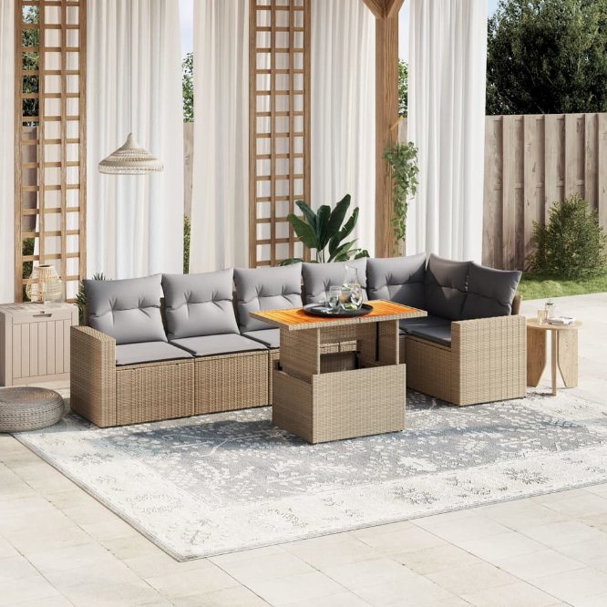 7-tlg. Garten-Sofagarnitur mit Kissen Schwarz Poly Rattan