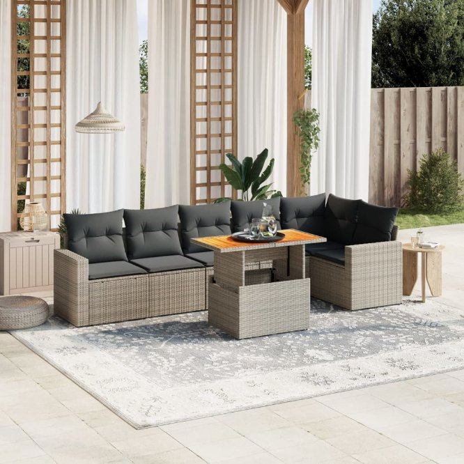 7-tlg. Garten-Sofagarnitur mit Kissen Schwarz Poly Rattan