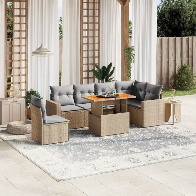 7-tlg. Garten-Sofagarnitur mit Kissen Schwarz Poly Rattan