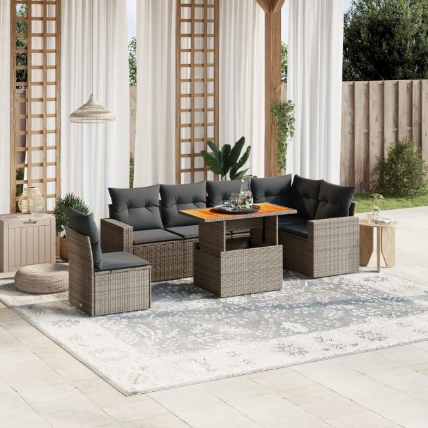7-tlg. Garten-Sofagarnitur mit Kissen Schwarz Poly Rattan