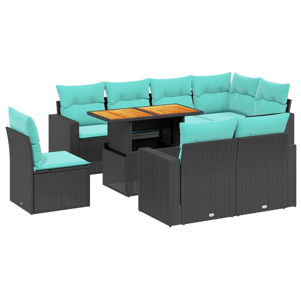 9-tlg. Garten-Sofagarnitur mit Kissen Schwarz Poly Rattan
