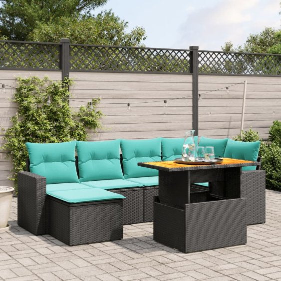 7-tlg. Garten-Sofagarnitur mit Kissen Schwarz Poly Rattan
