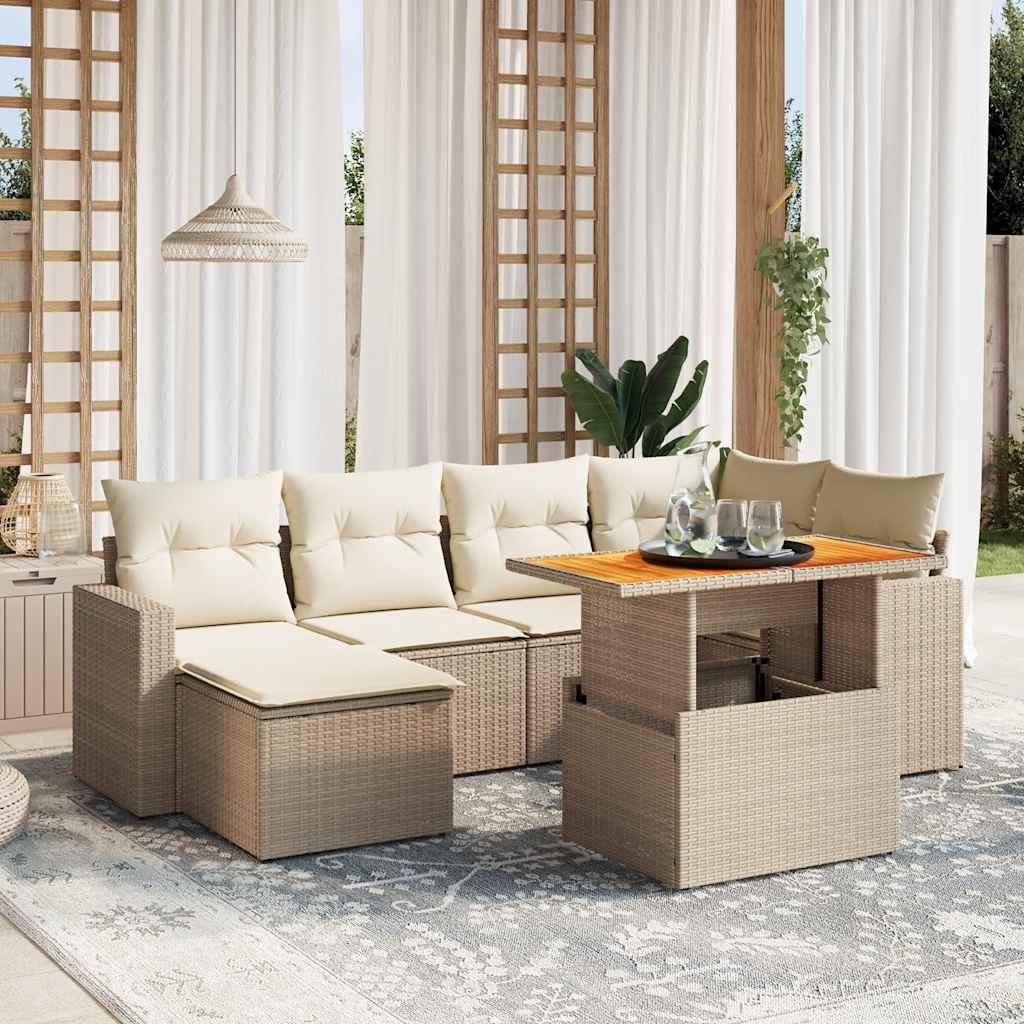 7-tlg. Garten-Sofagarnitur mit Kissen Schwarz Poly Rattan