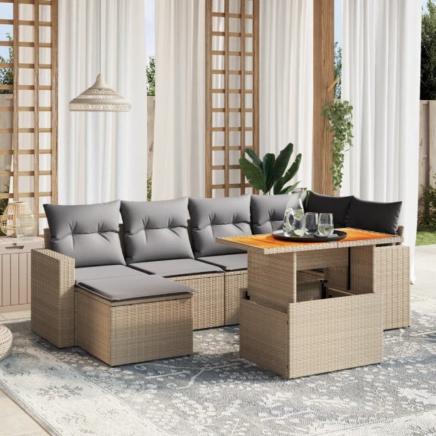 7-tlg. Garten-Sofagarnitur mit Kissen Schwarz Poly Rattan