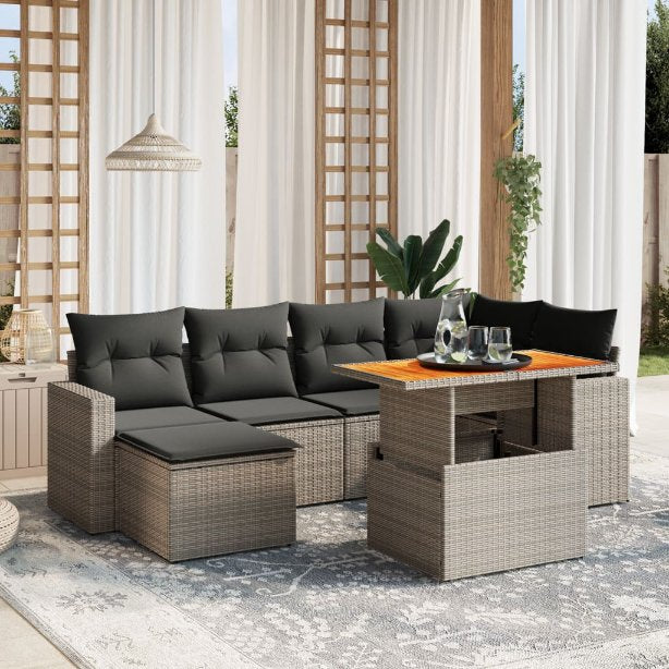 7-tlg. Garten-Sofagarnitur mit Kissen Schwarz Poly Rattan