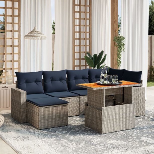 7-tlg. Garten-Sofagarnitur mit Kissen Schwarz Poly Rattan