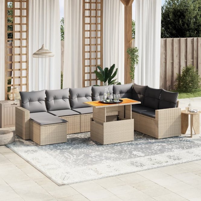 9-tlg. Garten-Sofagarnitur mit Kissen Schwarz Poly Rattan