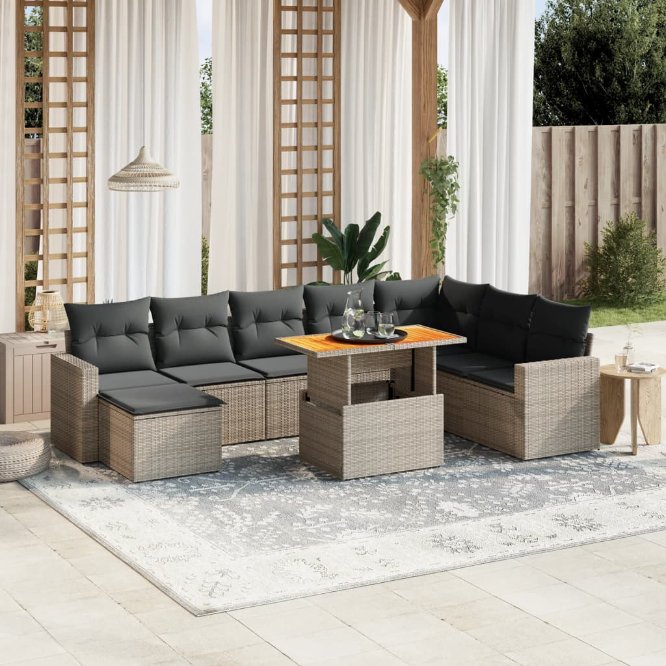 9-tlg. Garten-Sofagarnitur mit Kissen Schwarz Poly Rattan
