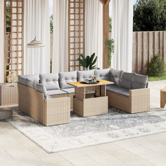 vidaXL 10-tlg. Garten-Sofagarnitur mit Kissen Schwarz Poly Rattan