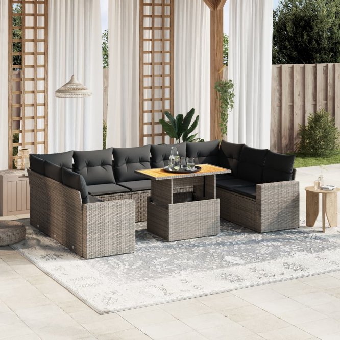 vidaXL 10-tlg. Garten-Sofagarnitur mit Kissen Schwarz Poly Rattan