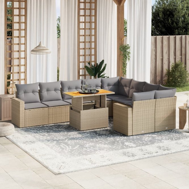 vidaXL 10-tlg. Garten-Sofagarnitur mit Kissen Schwarz Poly Rattan