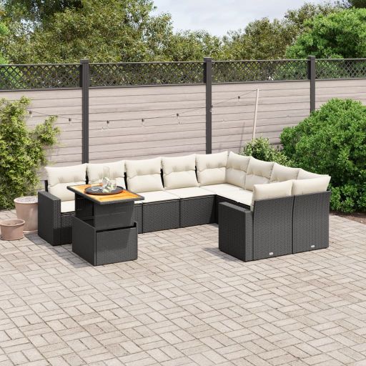 vidaXL 10-tlg. Garten-Sofagarnitur mit Kissen Schwarz Poly Rattan