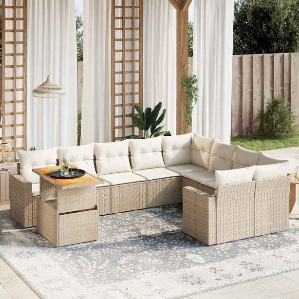 vidaXL 10-tlg. Garten-Sofagarnitur mit Kissen Schwarz Poly Rattan