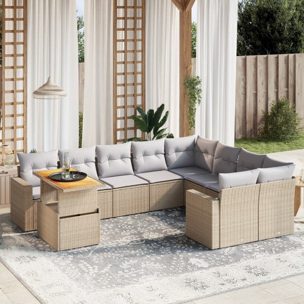 vidaXL 10-tlg. Garten-Sofagarnitur mit Kissen Schwarz Poly Rattan